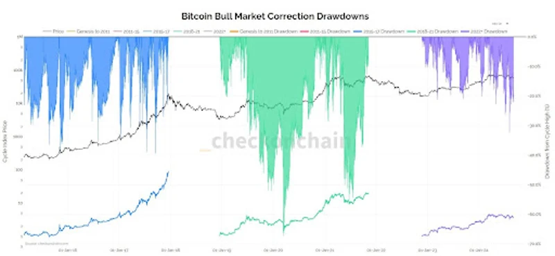 Graf korekčn&yacute;ch vzorcov b&yacute;čieho trhu Bitcoinu, ukazuj&uacute;ci korekčn&eacute; vzorce naprieč viacer&yacute;mi cyklami.
